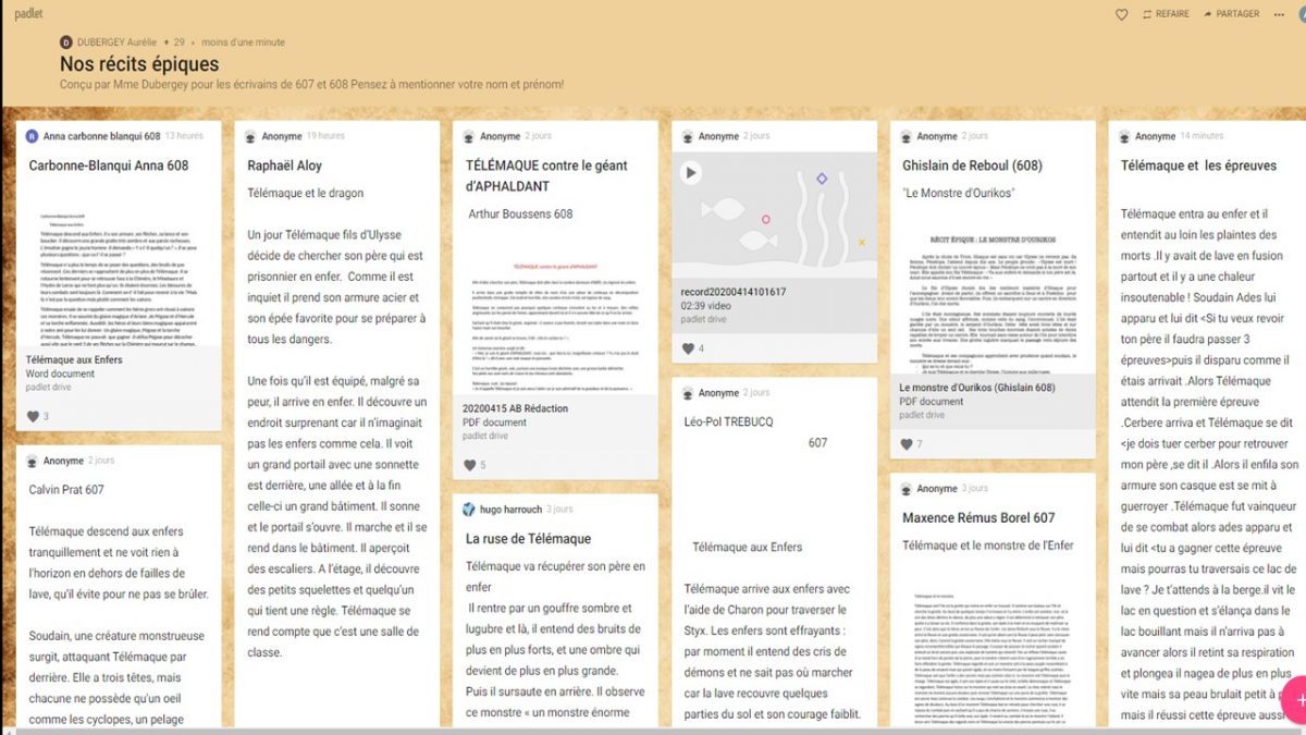 Nos récits épiques, un padlet qui raconte des récits de héros antiques face à un monstre …